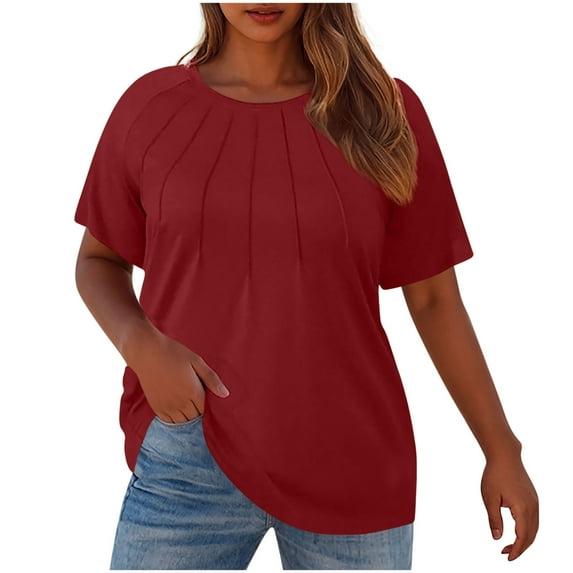 CHGBMOK Womens Tops Dressy Casual Pleated Tunic Shirts Summer Crew Neck Blouse,Sizes L-5XL