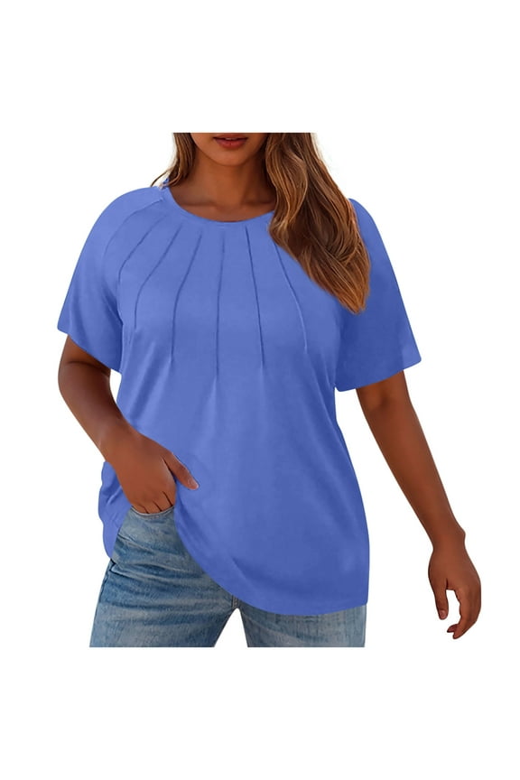 CHGBMOK Womens Tops Dressy Casual Pleated Tunic Shirts Summer Crew Neck Blouse,Sizes L-5XL