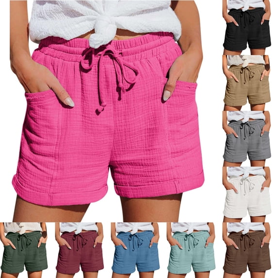 CHGBMOK Womens Trendy Solid Casual Shorts Drawstring Elastic Waist Shorts Summer Comfy Plus Size Shorts with Pockets