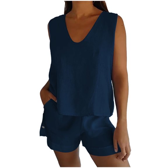 CHGBMOK Womens Two-piece Set Sleeveless Tank Top & Pocket Short Pants Solid Color Summer Outfits (Blue,L)