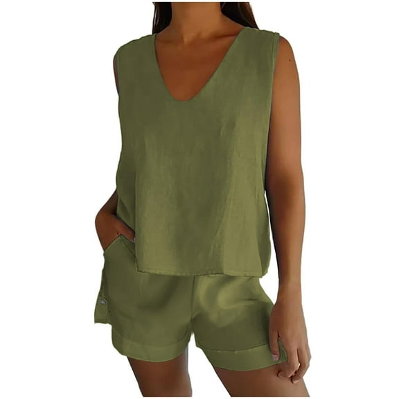 CHGBMOK Womens Two-piece Set Sleeveless Tank Top & Pocket Short Pants Solid Color Summer Outfits (Green,M)