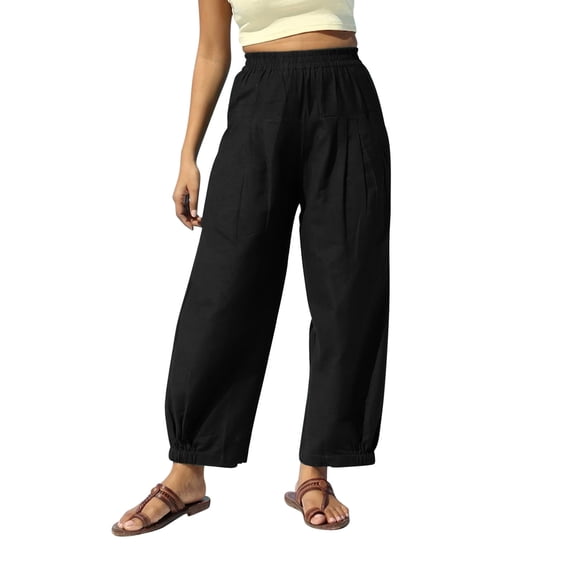 CHGBMOK Womens Wide Leg Pants Solid Cotton Linen Harem Pants Elastic Waisted Loose Lounge Trousers with Pockets