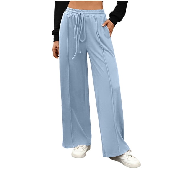 CHGBMOK Womens Wide Leg Trousers with Pockets Drawstring High Waisted Lounge Athletic Pants Yoga Pants Solid Loose
