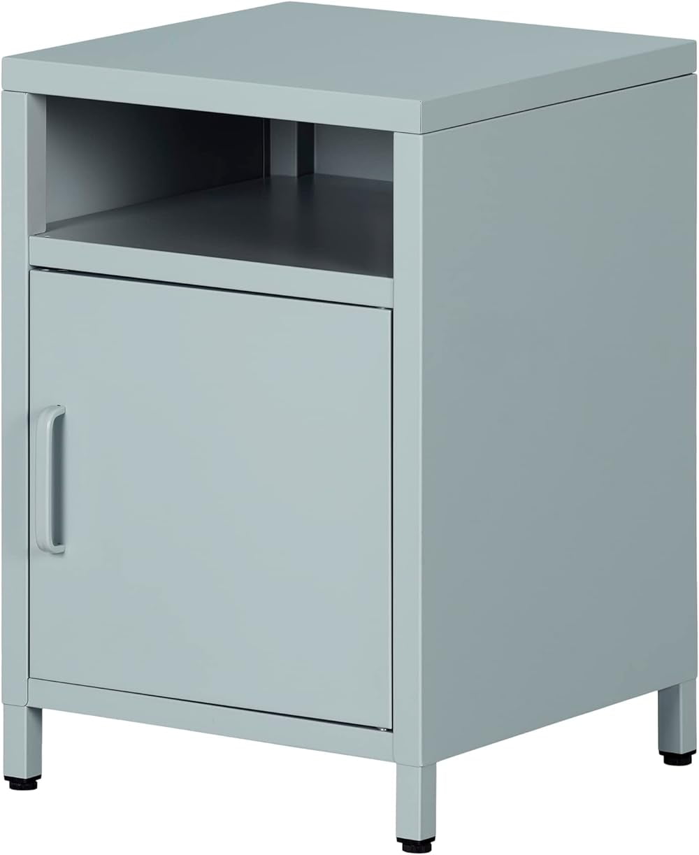 Light Blue Metal 1-Door Nightstand with Open Shelf
