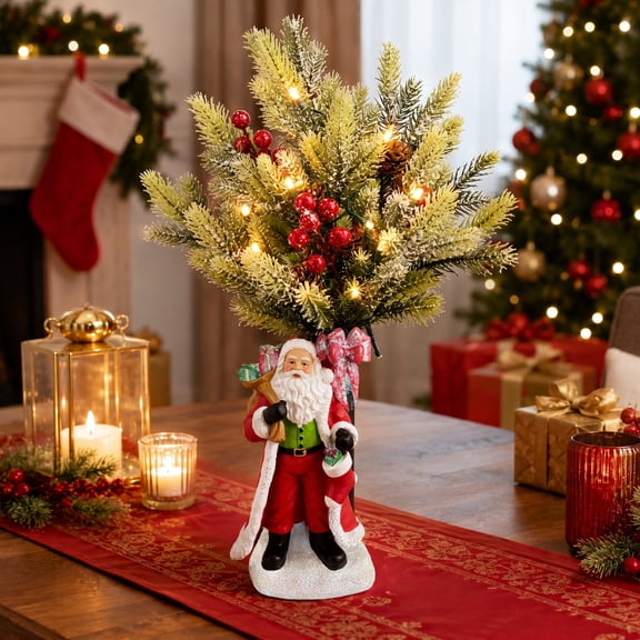CHHYVKUIN 24-Inch Santa Claus Figurine Pre-Lit Tabletop Christmas Tree with Snow Flocked Pine Branches, Red Berries, Indoor Holiday Mantel Shelf Decor