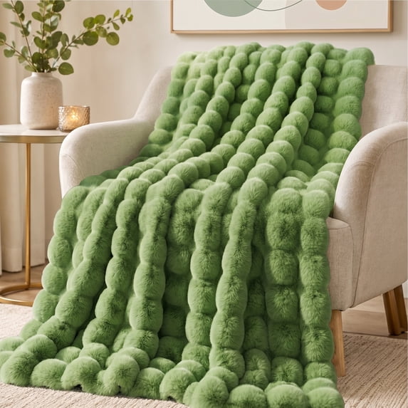 CHHYVKUIN Faux Fur Bubble Throws 50" x 60", Luxury Plush Faux Rabbit Fur Throw Blanket for Couch, Sofa, Chair & Home Decor, Sage Green