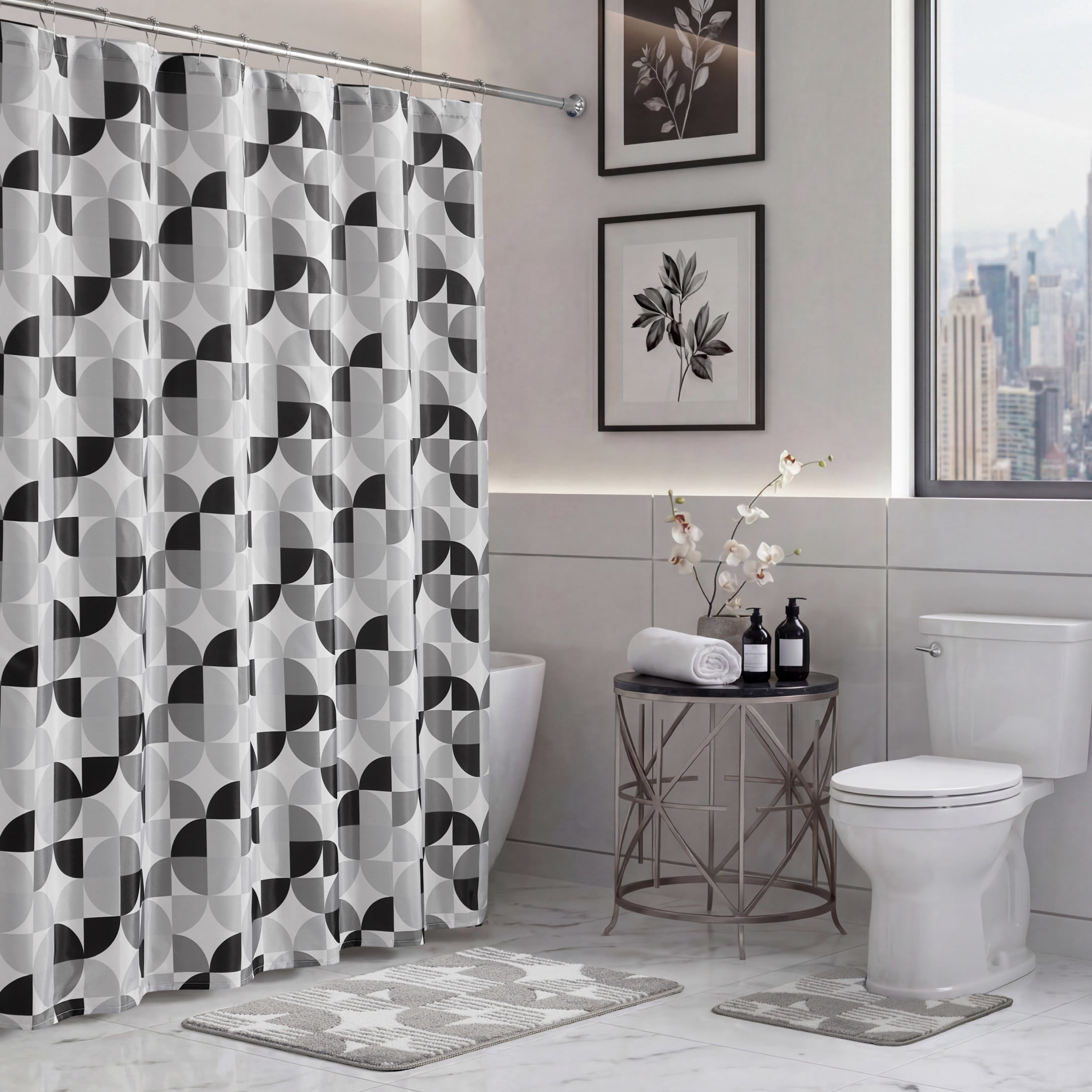 CHI Bale Shower Curtain with Hooks and Rugs Modern Washable 72" W x 72" L 15-Piece Set