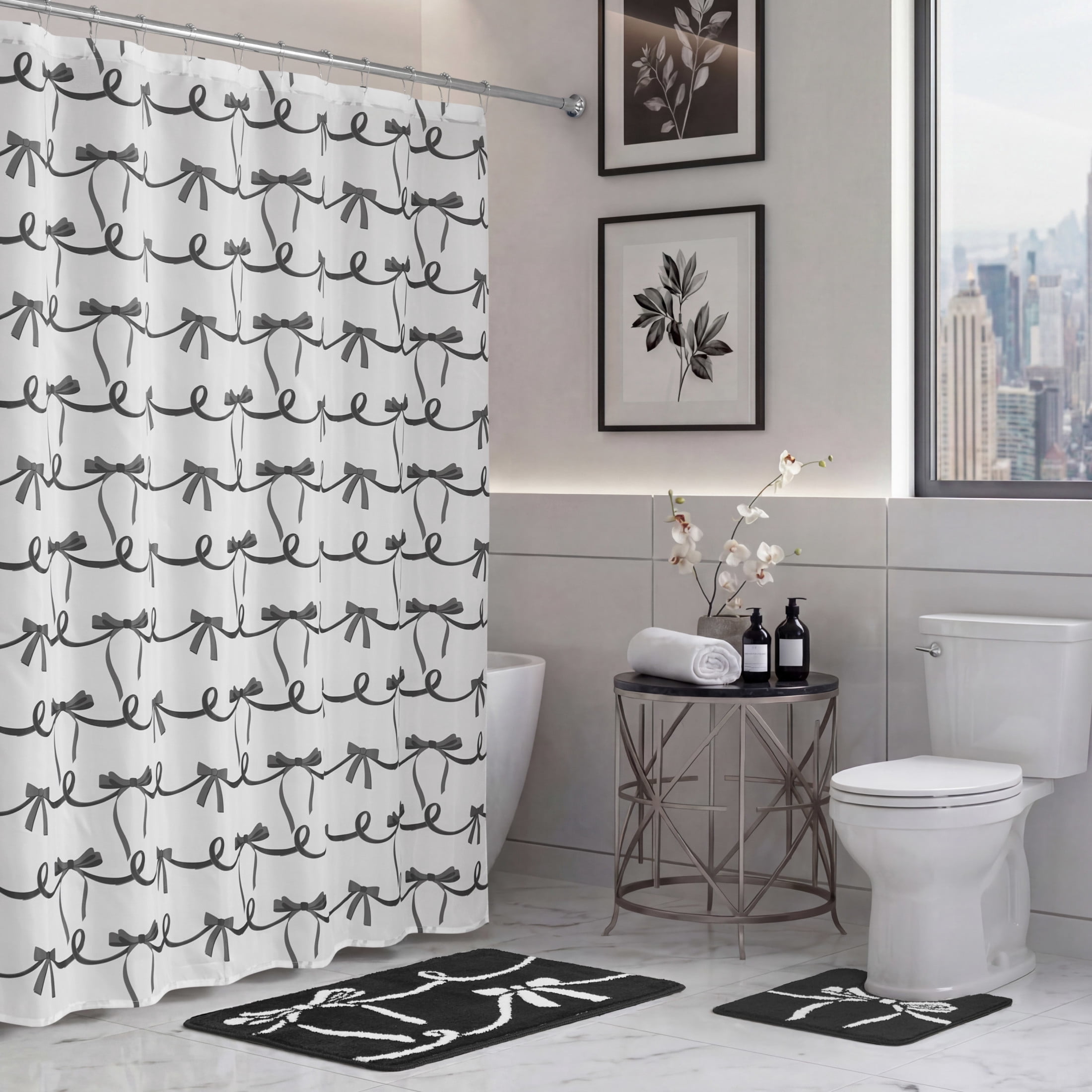 CHI Bows In A Stripe Shower Curtain with Hooks and Rugs Modern Washable 72" W x 72" L 15-Piece Set