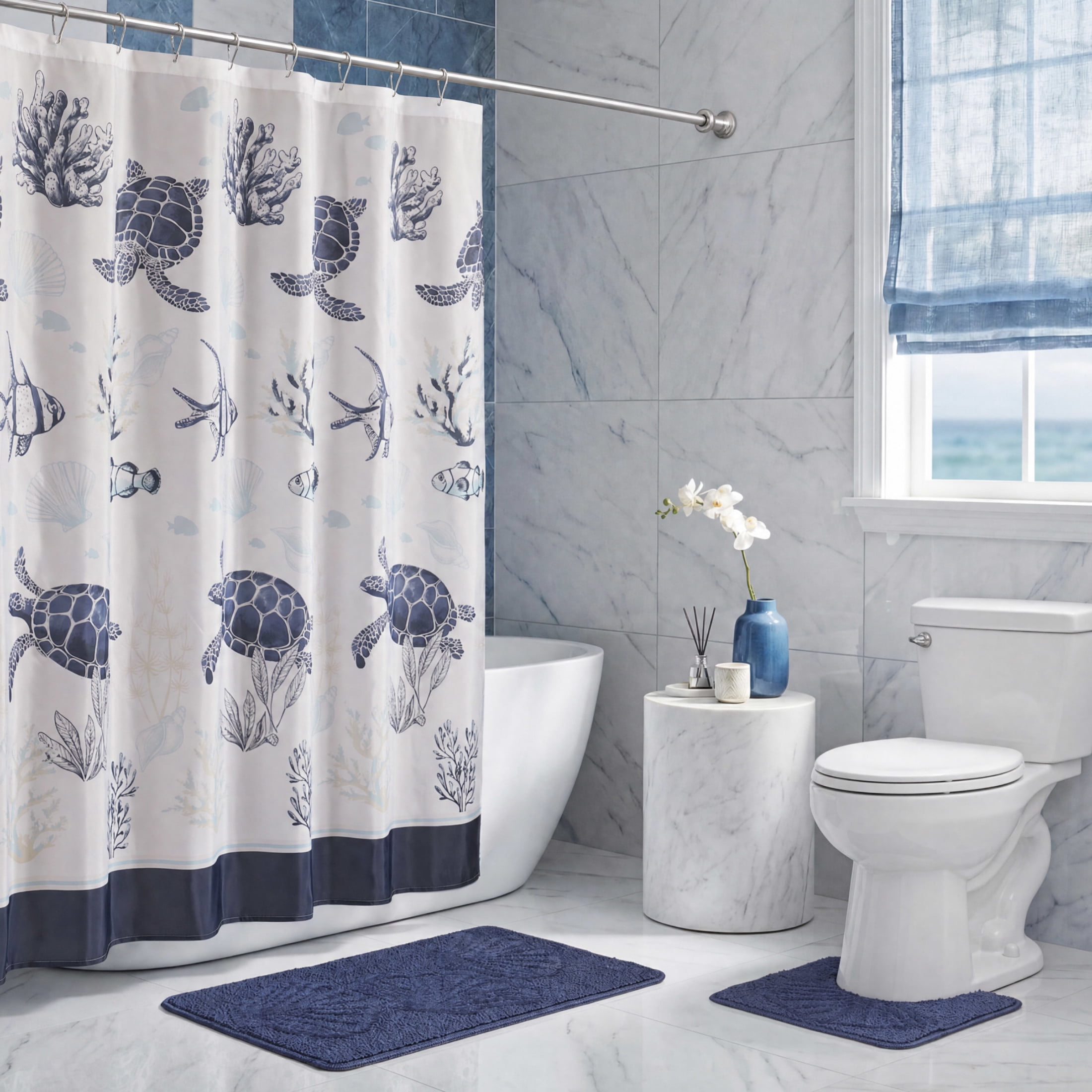 CHI Doria Shower Curtain with Hooks and Rugs Modern Washable 72" W x 72" L 15-Piece Set