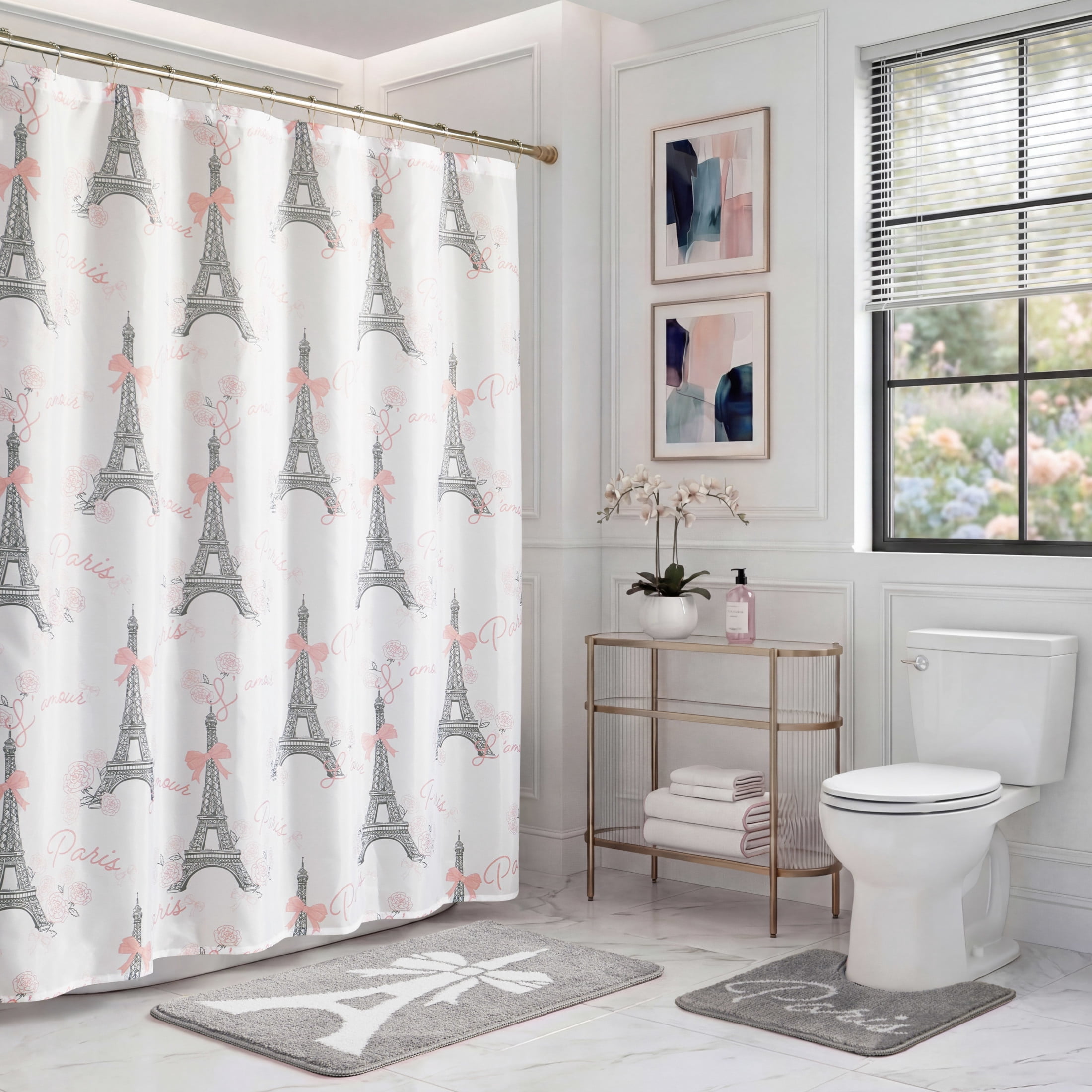 CHI Eiffel Tower Roses & Bows Shower Curtain with Hooks and Rugs Modern Washable 72" W x 72" L 15-Piece Set