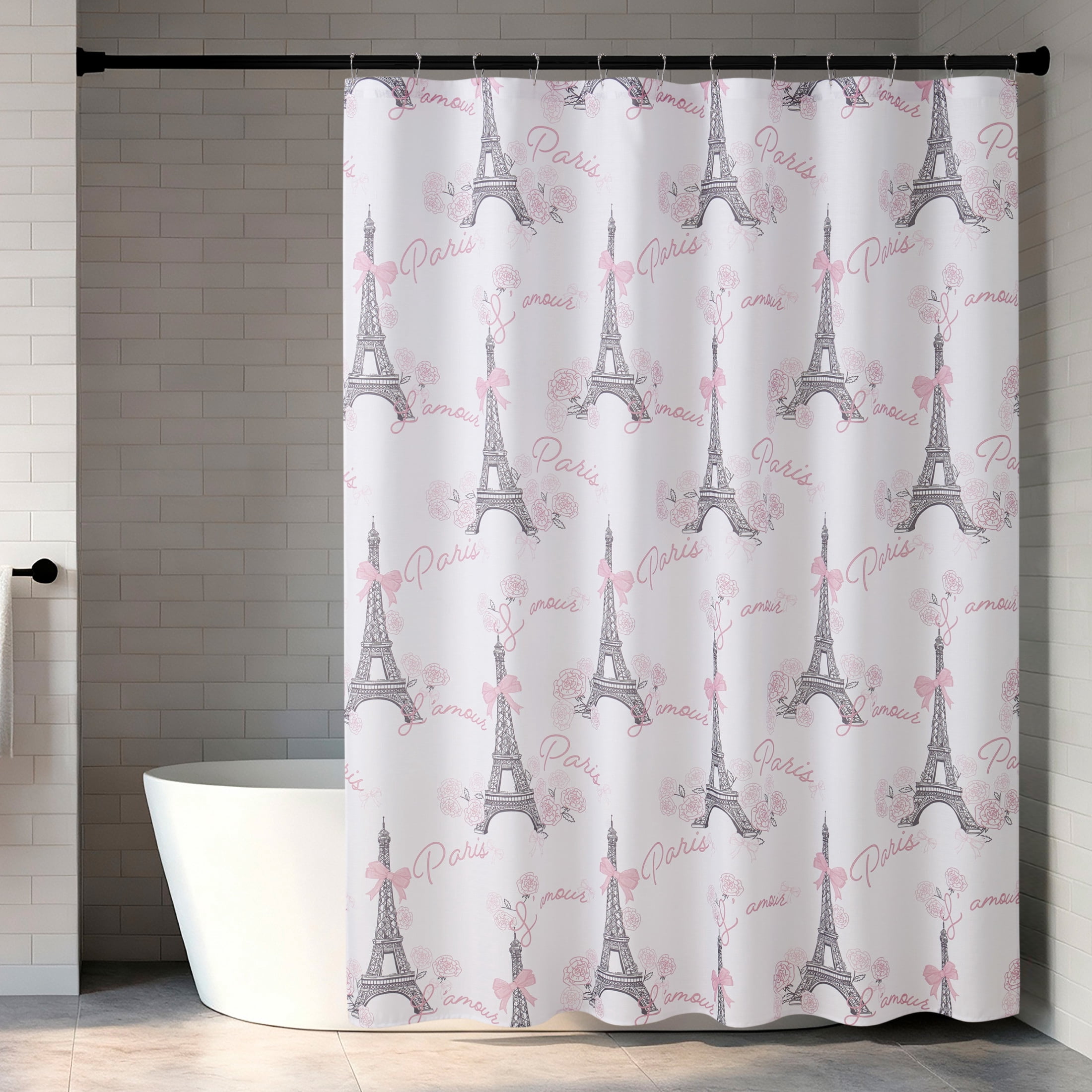 CHI Eiffel Tower Roses and Bows Shower Curtain and Hooks Modern Washable 70" W x 72" L 13-Piece Set