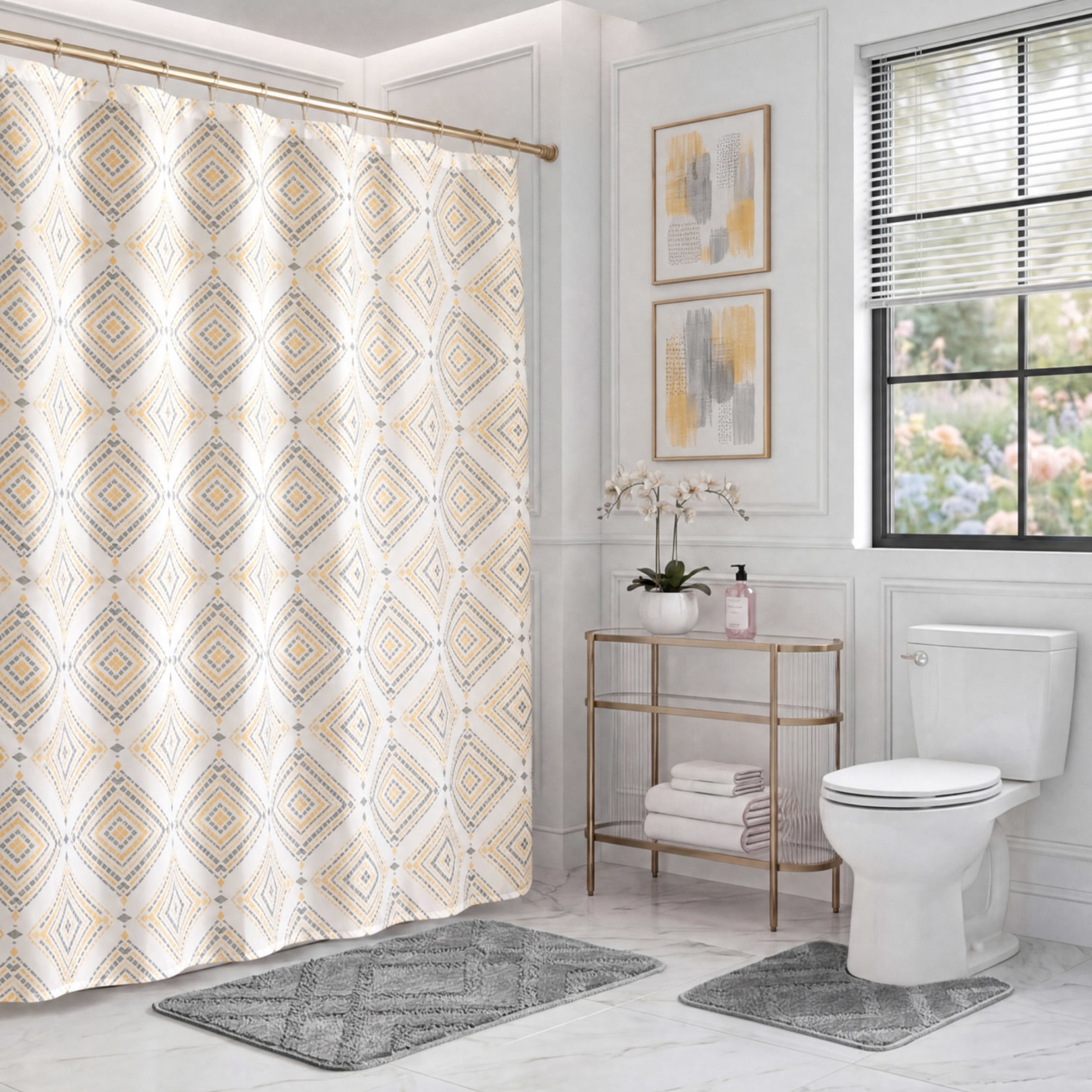 CHI Jericho Shower Curtain with Hooks and Rugs Modern Washable 72" W x 72" L 15-Piece Set