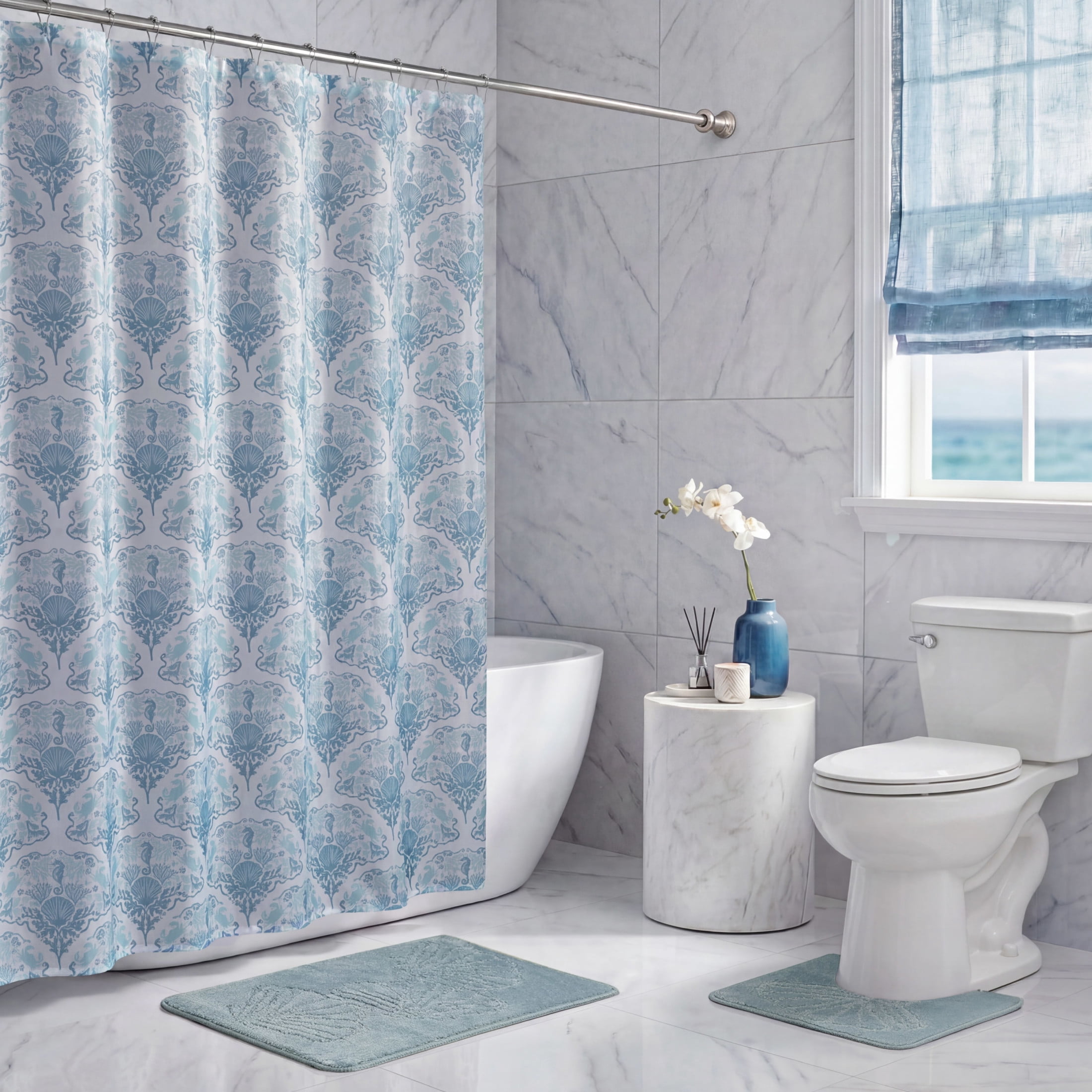 CHI Newport Shower Curtain with Hooks and Rugs Modern Washable 72" W x 72" L 15-Piece Set