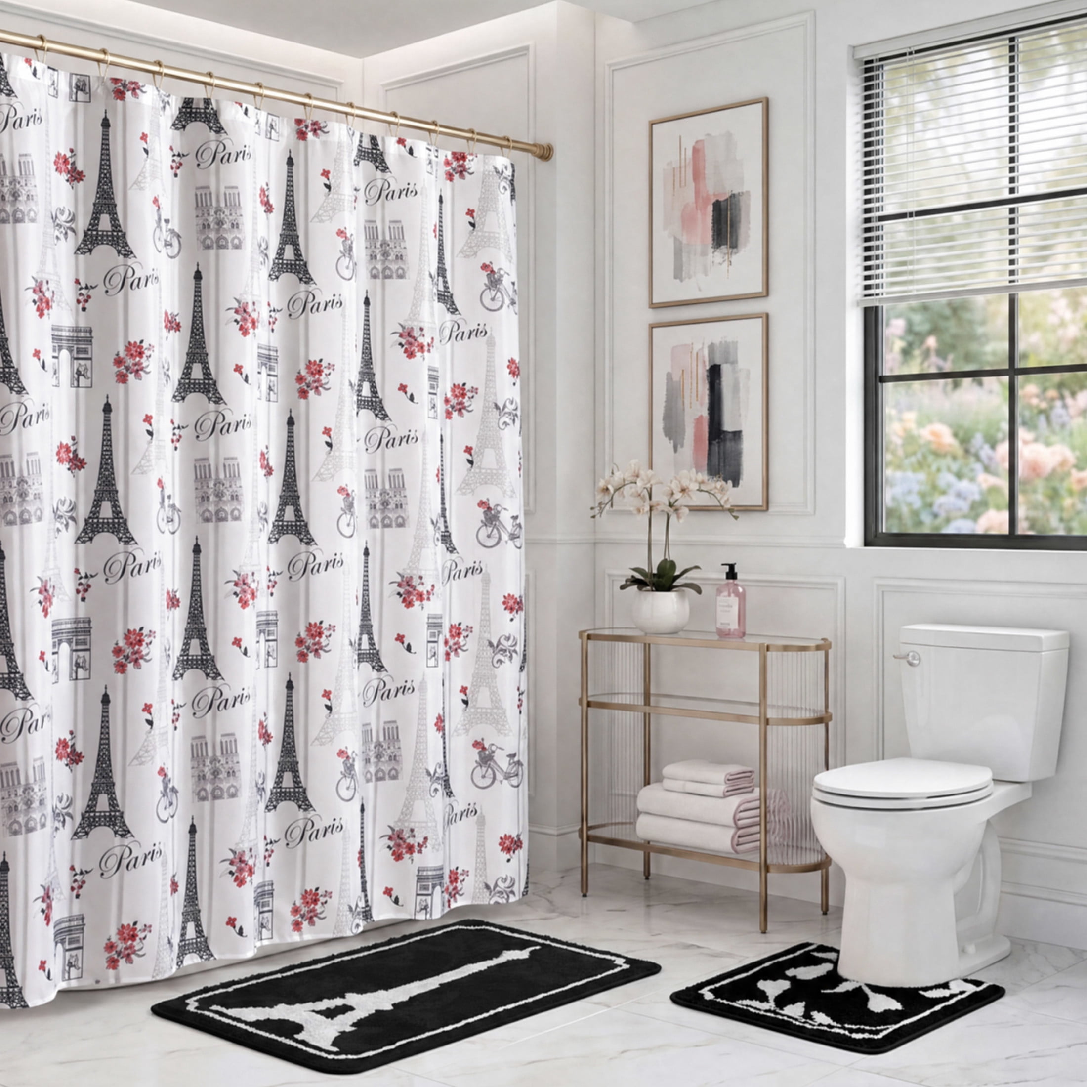 CHI Paris Love Shower Curtain with Hooks and Rugs Modern Washable 72" W x 72" L 15-Piece Set
