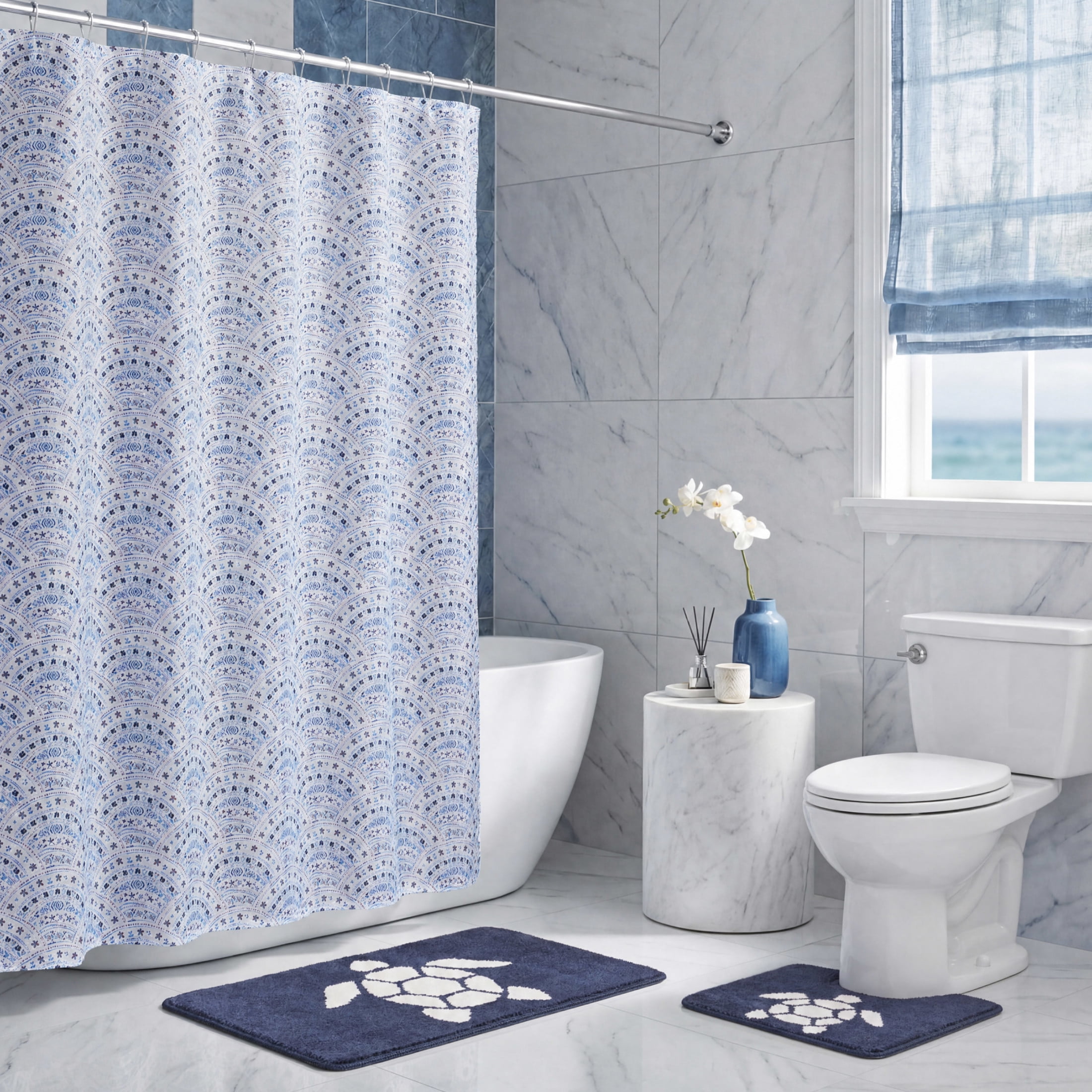 CHI Scalloped Mosaic Shower Curtain with Hooks and Rugs Modern Washable 72" W x 72" L 15-Piece Set