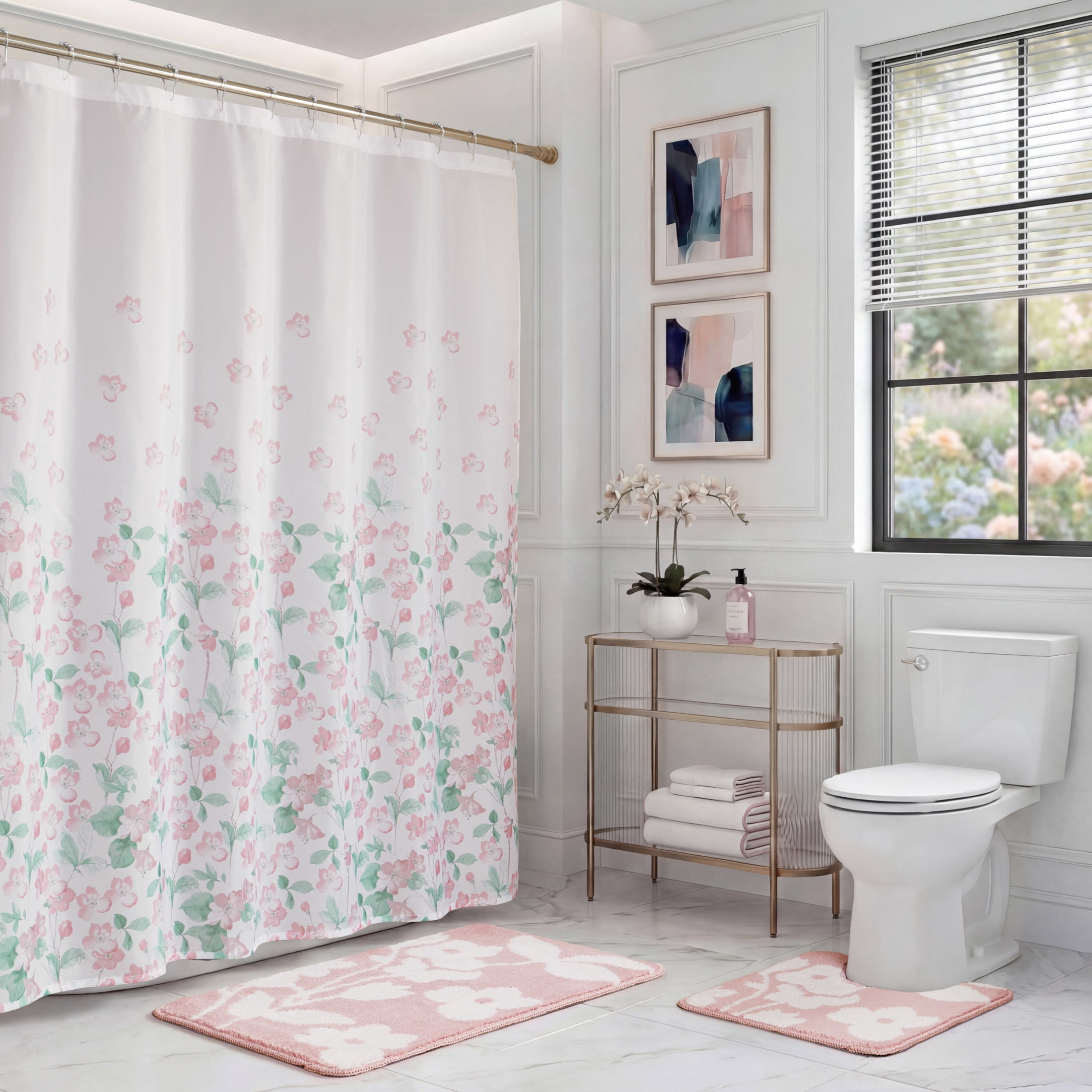 CHI Serene Floral Engineered Shower Curtain with Hooks and Rugs Modern Washable 72" W x 72" L 15-Piece Set