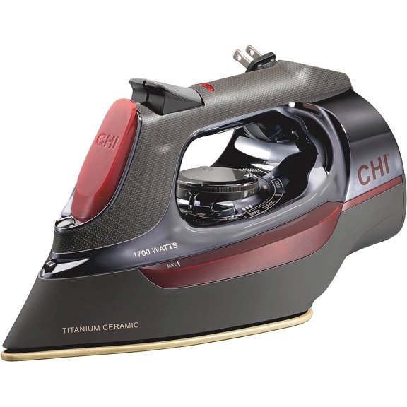 CHI Steam Iron for Clothes with 8’ Retractable Cord, 1700 Watts, 3-Way Auto Shutoff, 400+ Holes, Professional Grade, Temperature Control Dial, Titanium Infused Ceramic Soleplate, Black/Chrome (13109)