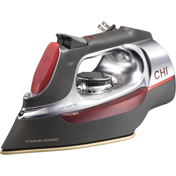 CHI Steam Iron for Clothes with 8’ Retractable Cord, 1700 Watts, 3-Way Auto Shutoff, 400+ Holes, Professional Grade, Temperature Control Dial, Titanium Infused Ceramic Soleplate, Black/Chrome (13109)