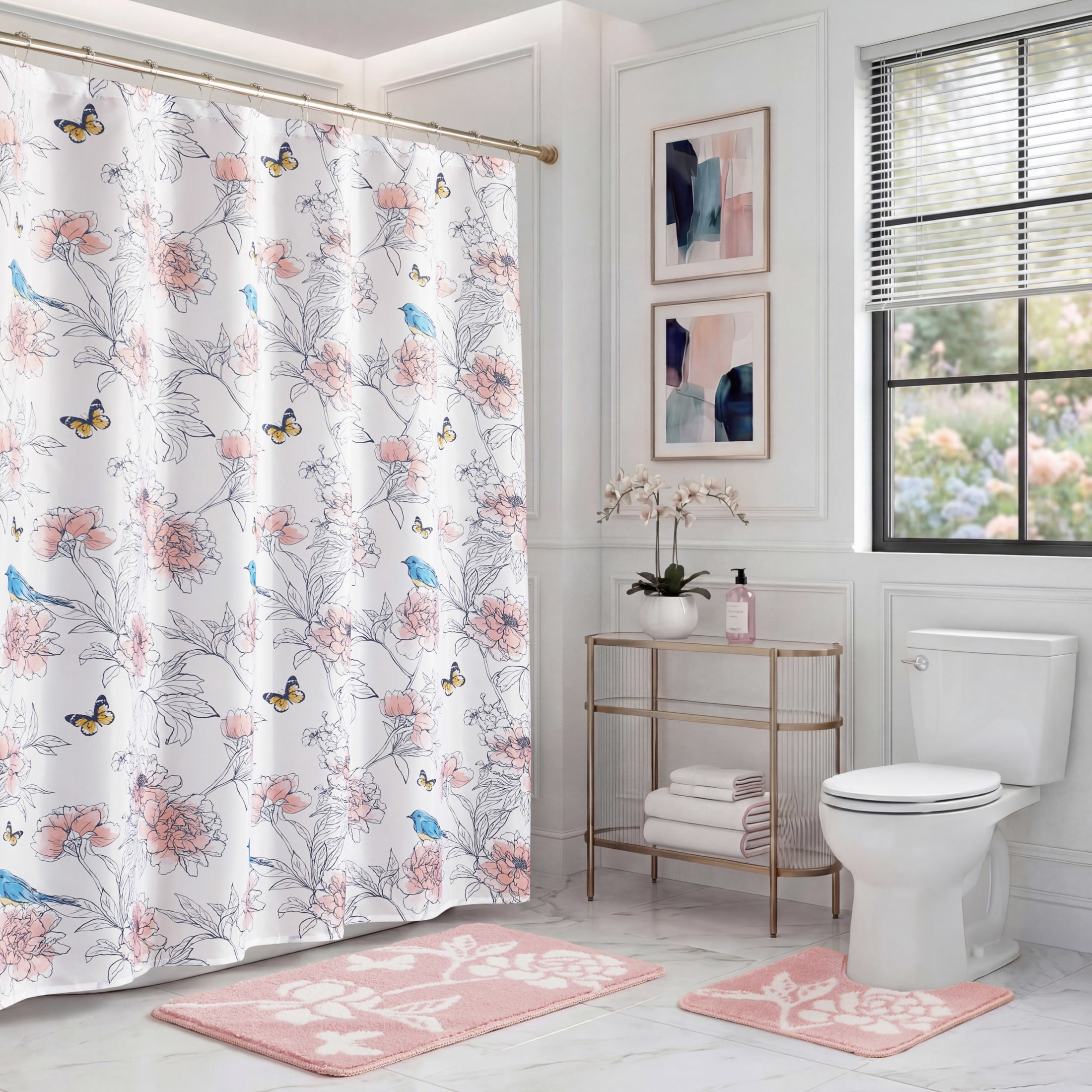 CHI Summer Bird Shower Curtain with Hooks and Rugs Modern Washable 72" W x 72" L 15-Piece Set