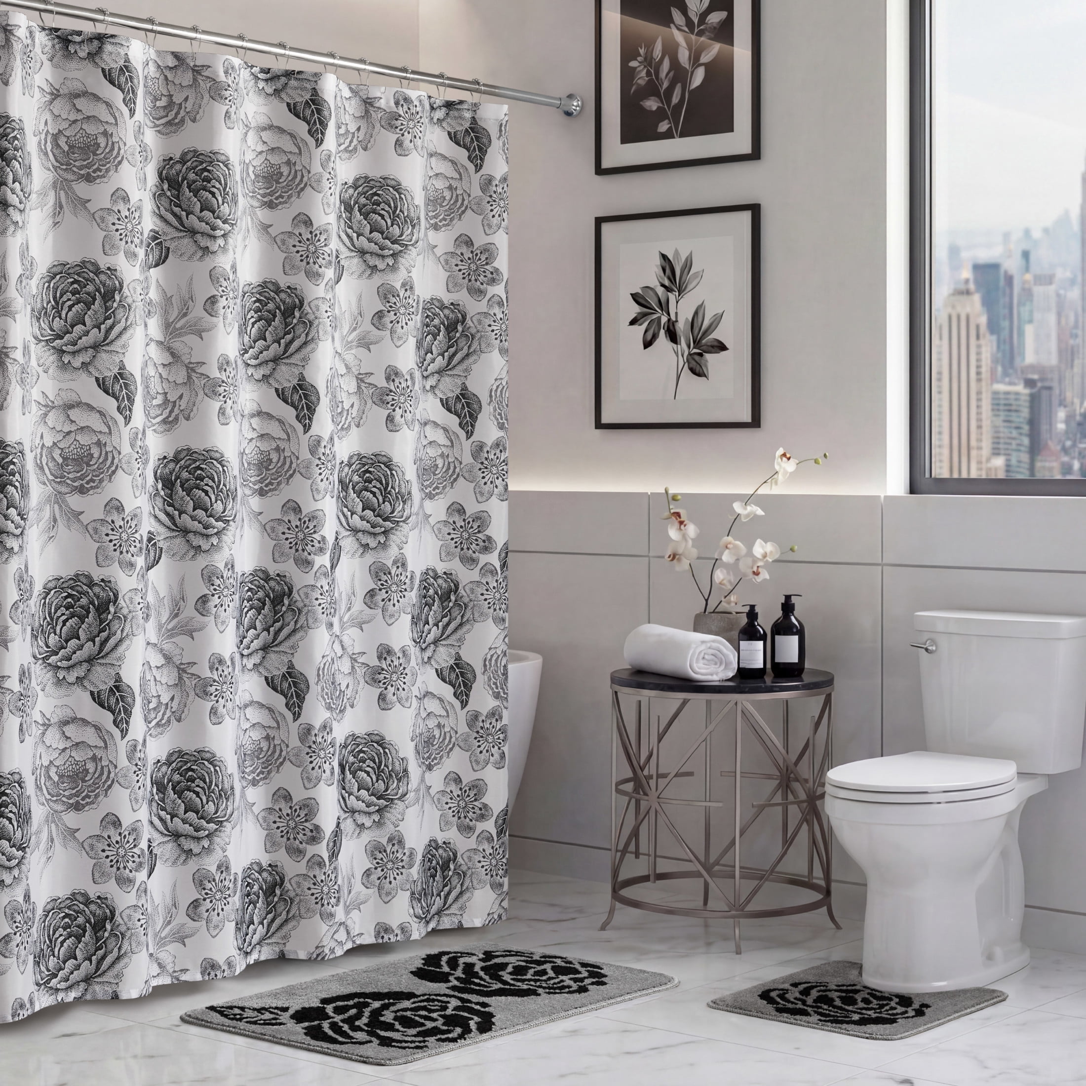 CHI Sydney Shower Curtain with Hooks and Rugs Modern Washable 72" W x 72" L 15-Piece Set