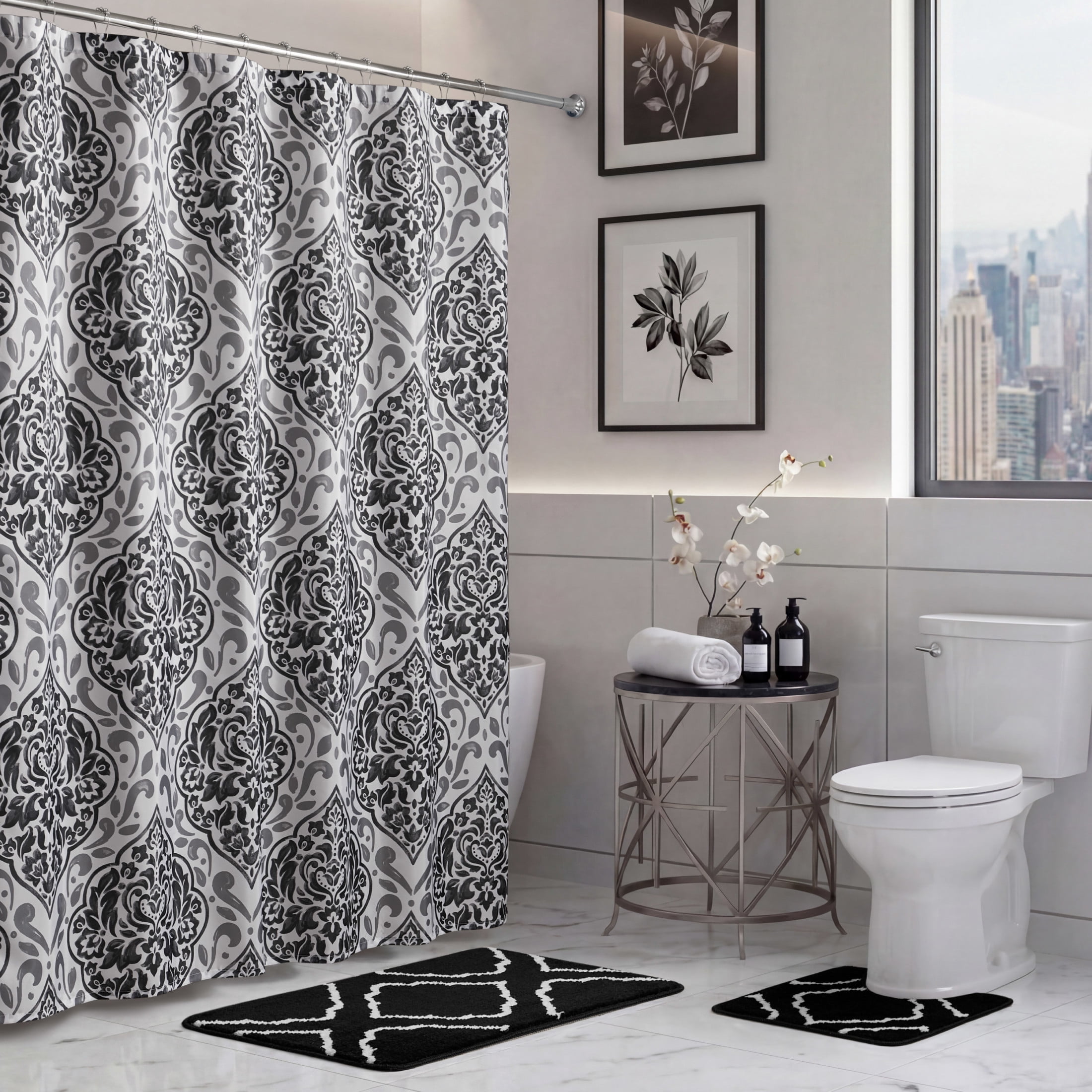 CHI Tana Shower Curtain with Hooks and Rugs Modern Washable 72" W x 72" L 15-Piece Set