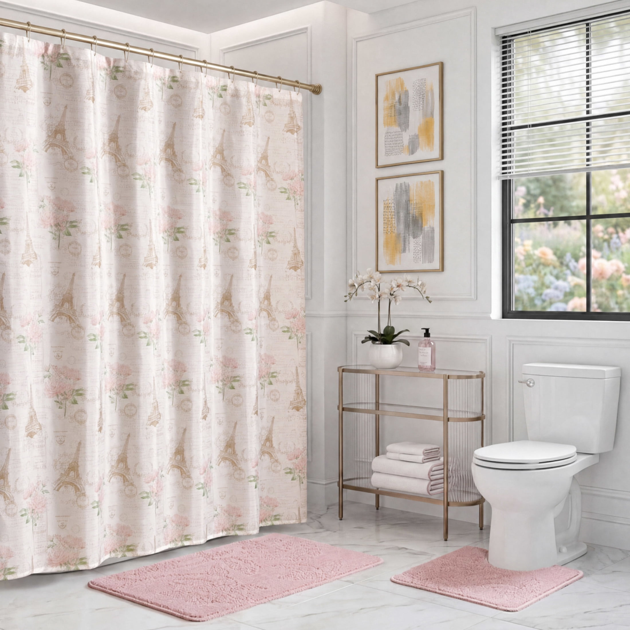 CHI Vintage Floral Shower Curtain with Hooks and Rugs Modern Washable 72" W x 72" L 15-Piece Set