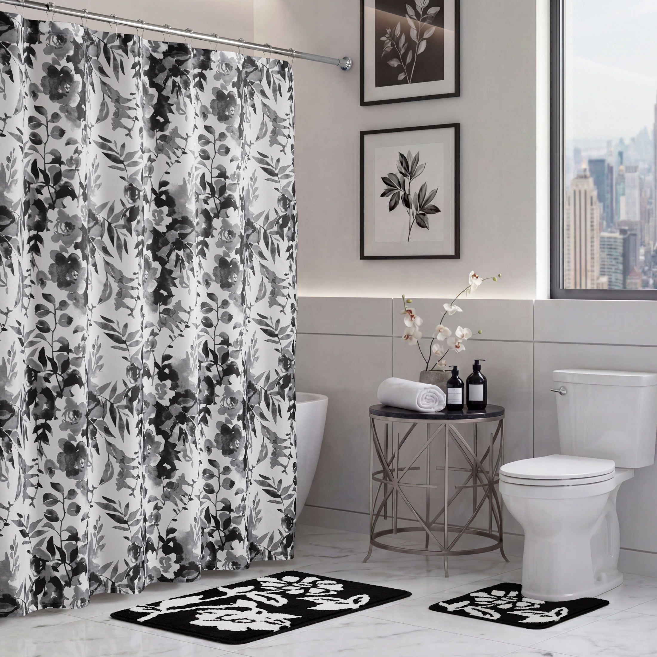 CHI Wynn Shower Curtain with Hooks and Rugs Modern Washable 72" W x 72" L 15-Piece Set