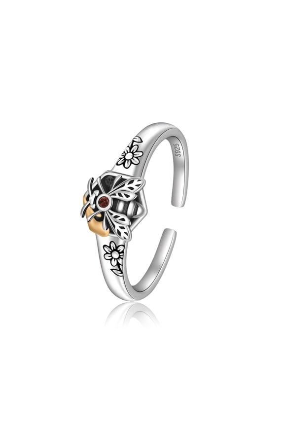 925 Sterling Silver Bee Hive Rings Dainty Bee Rings for Women Adjustable Open Rings