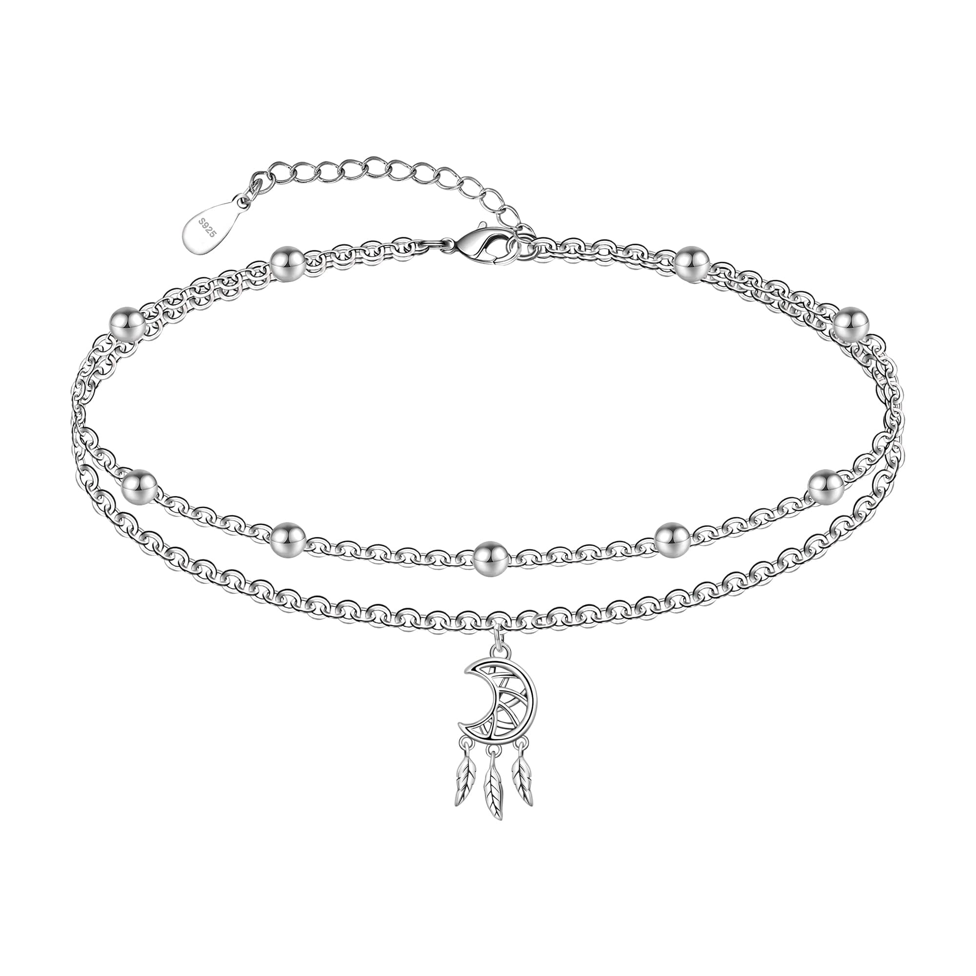 CHIC & ARTSY 925 Sterling Silver Dream Catcher Anklets Dainty Moon Layered Anklet Bracelets Boho Beach Adjustable Anklets