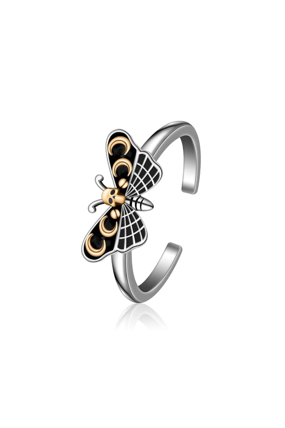 925 Sterling Silver Skull Butterfly and Moon Phase Open Ring Exquisite Gothic Jewelry for Women