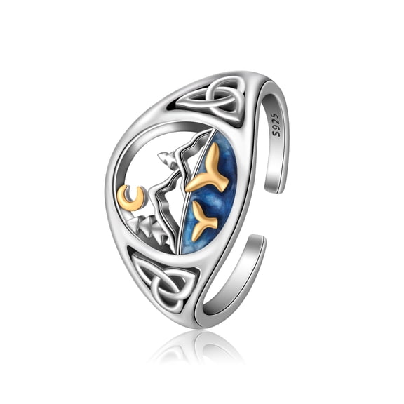 CHIC & ARTSY 925 Sterling Silver Whales Waves Rings Ocean Open Band Ring Adjustable Steampunk Whales Rings for Women