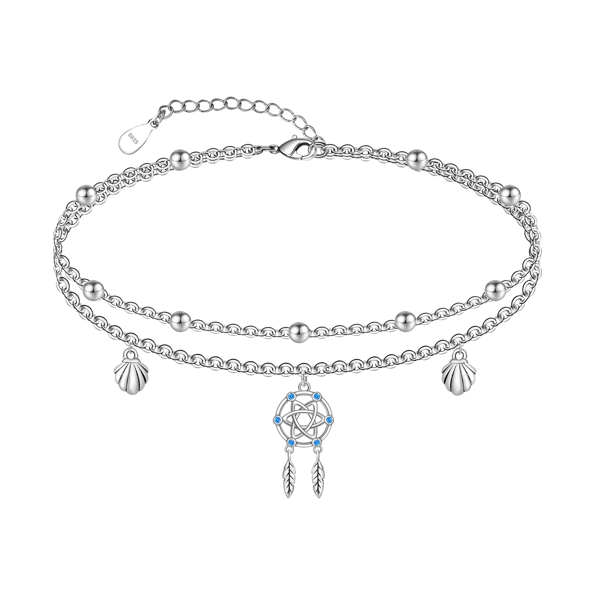 CHIC & ARTSY Ankle Bracelet for Women 925 Sterling Silver Dream Catcher Anklet Dainty Adjustable Layered Anklet Bracelet