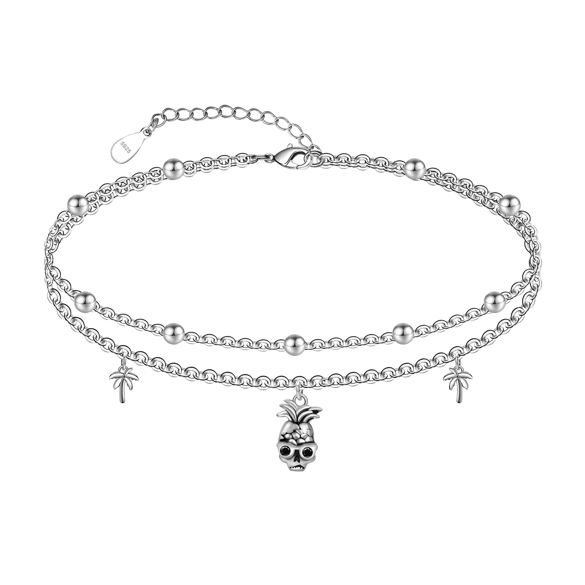 CHIC & ARTSY Ankle Bracelets for Women 925 Sterling Silver Anklets for Women Adjustable Hypoallergenic Layered Foot Chain with Skull Pineapple Anklet