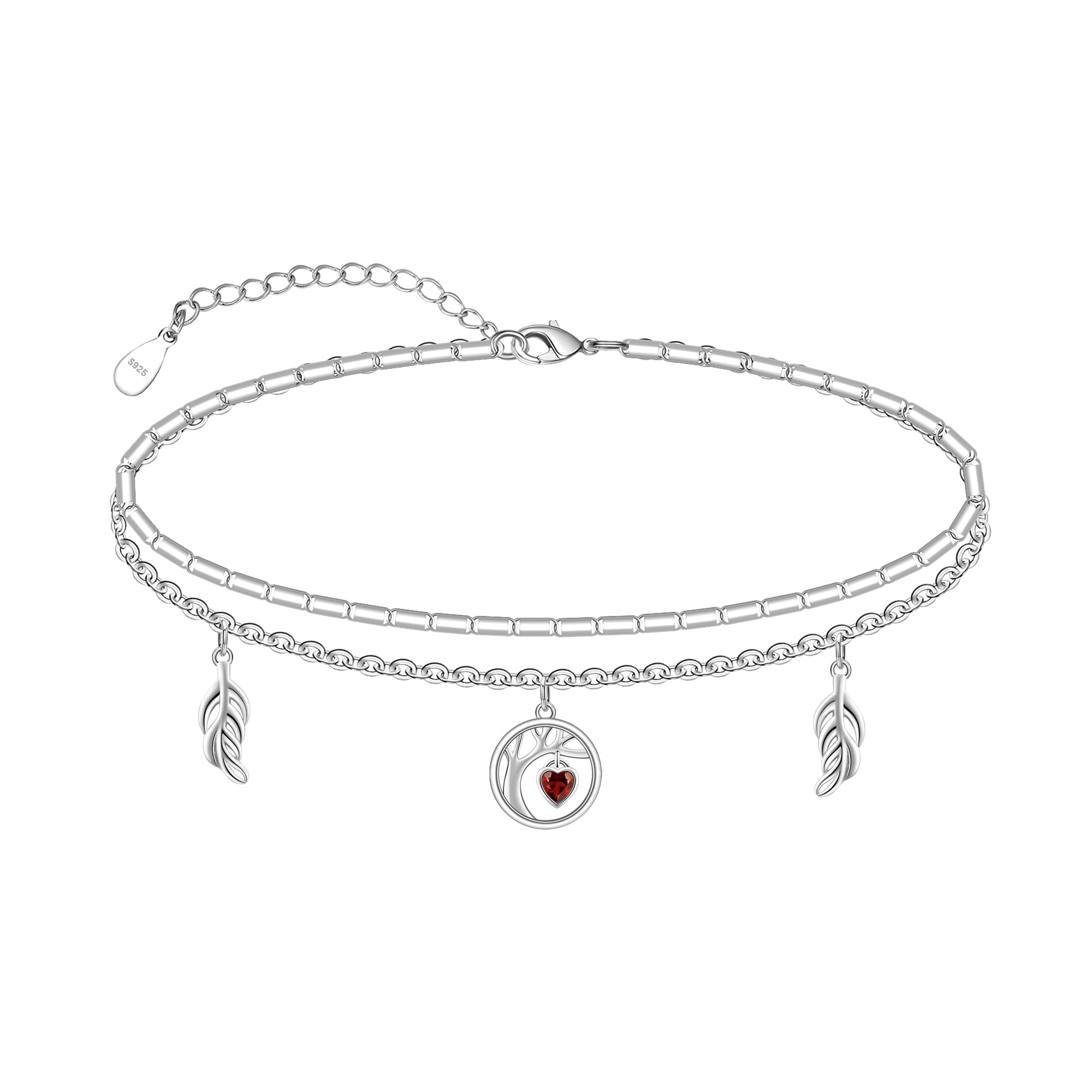 CHIC & ARTSY Anklet 925 Sterling Silver Tree of Life Anklet Heart Shape Zirconia Cute Women's Anklet White Gold Multi-Layers Anklet Adjustable Women's Double Layers Anklet