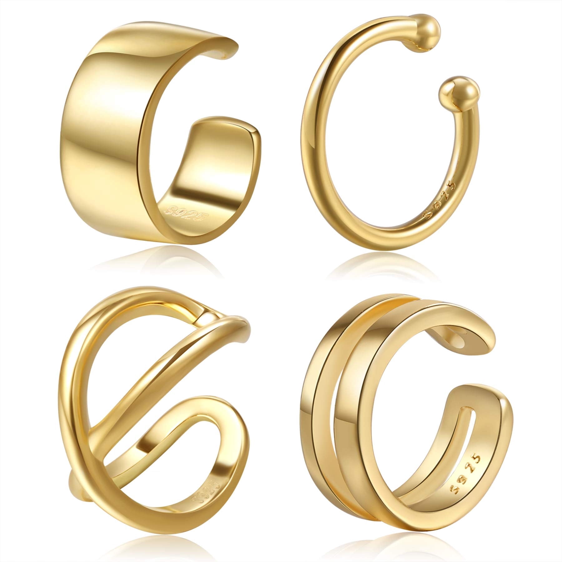 Chic & Artsy Gold Cuff Earrings, 925 Sterling Silver, Gold-Plated, Non-Piercing Fake Helix Cartilage Cuff Earrings
