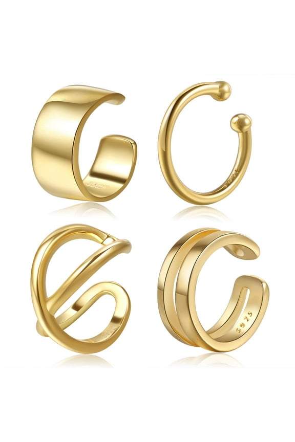 Gold Cuff Earrings, 925 Sterling Silver, Gold-Plated, Non-Piercing Fake Helix Cartilage Cuff Earrings
