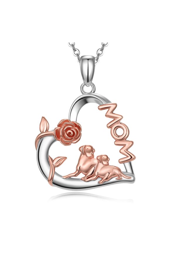 Dog Mom Necklace - Rose Gold Plated 925 Sterling Silver Rose Flower & Dog Loving Heart Pendant - 18"