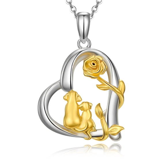 CHIC & ARTSY Dog Mom Necklace Rose Gold Plated 925 Sterling Silver Two-Tone Rose Flower Dog Mom Pendant Necklace Rose Flower Dog Loving Heart Necklace Mom Daughter Necklace for Women