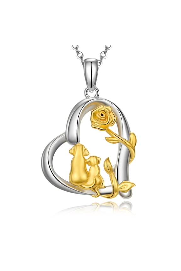 Dog Mom Necklace Rose Gold Plated 925 Sterling Silver Two-Tone Rose Flower Dog Mom Pendant Necklace Rose Flower Dog Loving Heart Necklace Mom Daughter Necklace for Women