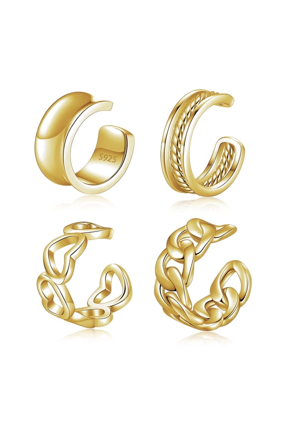 18k Gold Plated 925 Sterling Silver Fake Ear Cuffs, Non Piercing Ear Conch Clip on Earrings for Women, Adjustable