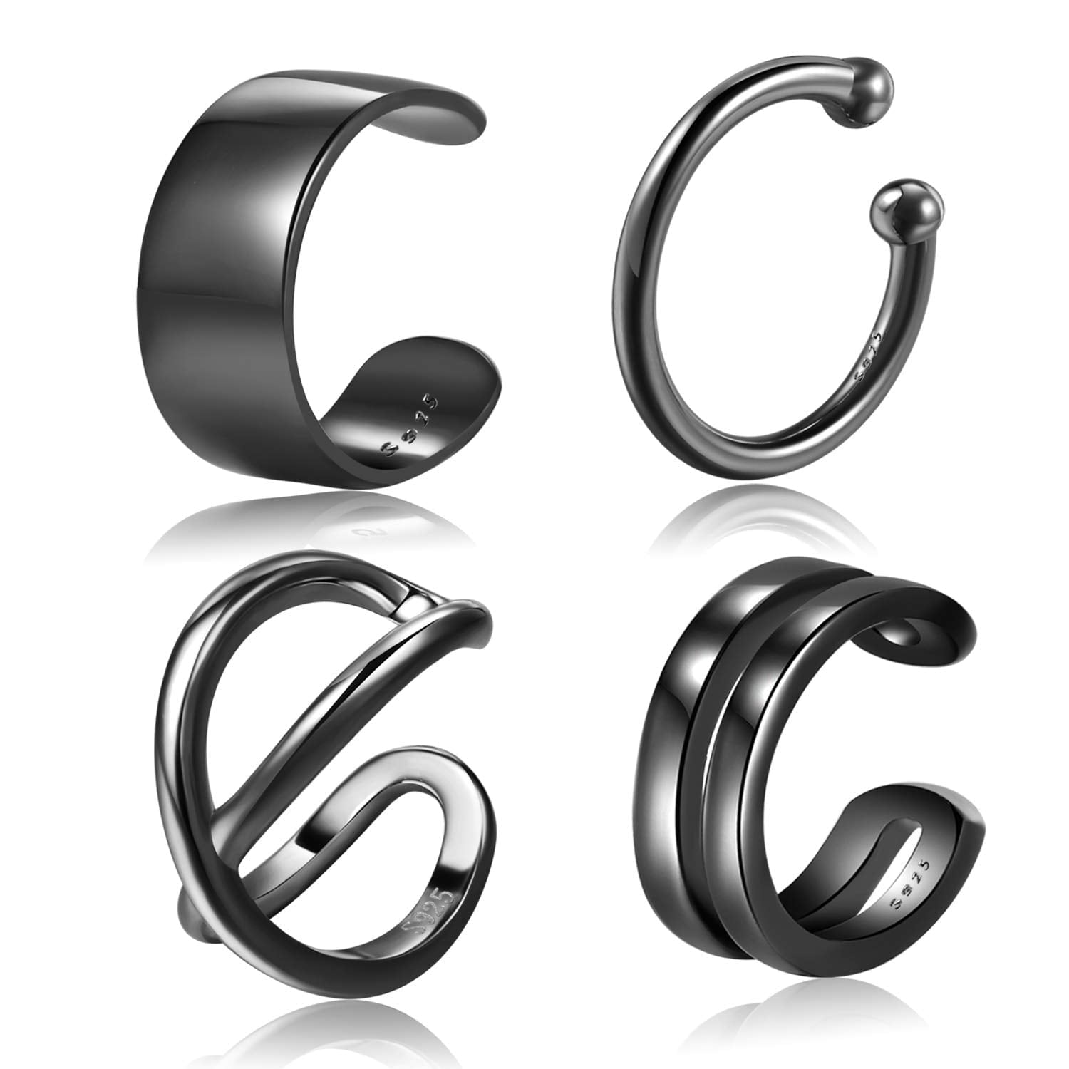 Chic & Artsy Ear Cuffs 925 Sterling Silver Black Ear Cuffs Set Fake Ear Cuffs Non Piercing Ear Conch Clip on Cartilage Earrings for Women Men | 4 Various Styles
