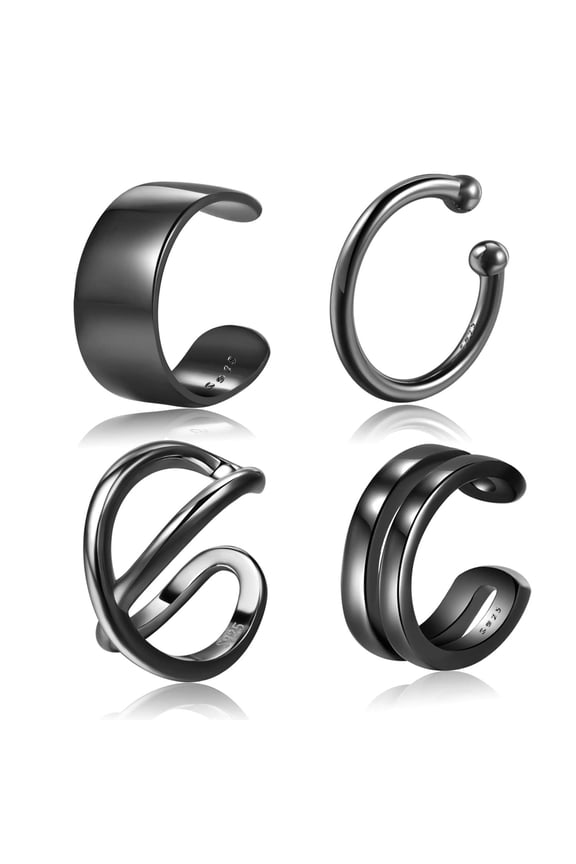 Ear Cuffs 925 Sterling Silver Black Ear Cuffs Set Fake Ear Cuffs Non Piercing Ear Conch Clip on Cartilage Earrings for Women Men | 4 Various Styles