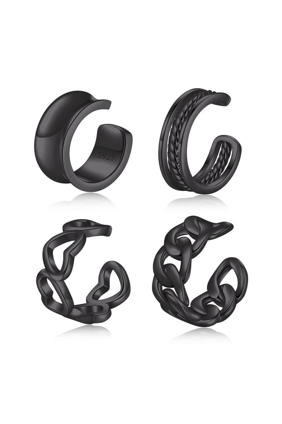 Ear Cuffs 925 Sterling Silver No Piercing Black Ear Cuff Earrings Set Adjustable Ear Cuff Earrings Wide Ear Lobe Cuff Viking Ear Cuff Set For Women Men