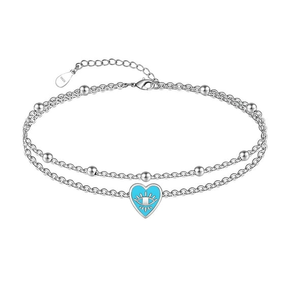 Chic & Artsy Heart Anklet 925 Sterling Silver Heart Evil Eye Anklet Adjustable 11 Inches Double Chain Ankle Bracelet Boho Layered Evil Eye Anklet for Women Beach Double Chain Foot Bracelets