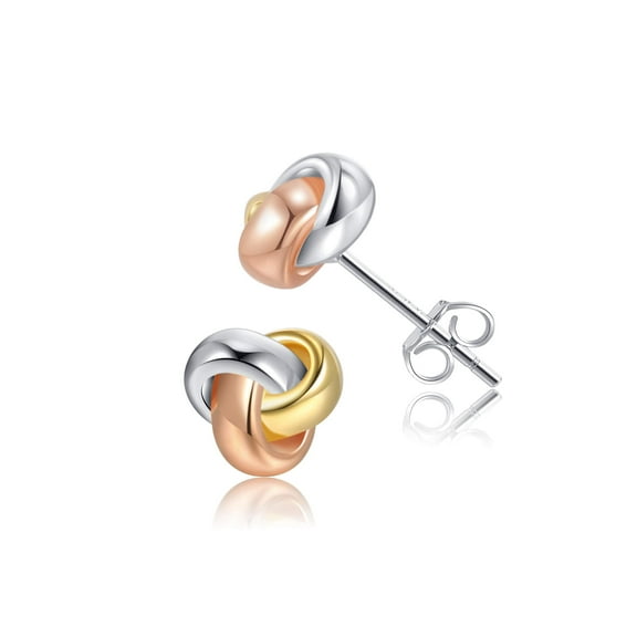 Chic & Artsy Love Knot Earrings Gold Plated 925 Sterling Silver Tri-tone White,Yellow,Rose Love Knot Stud Earrings