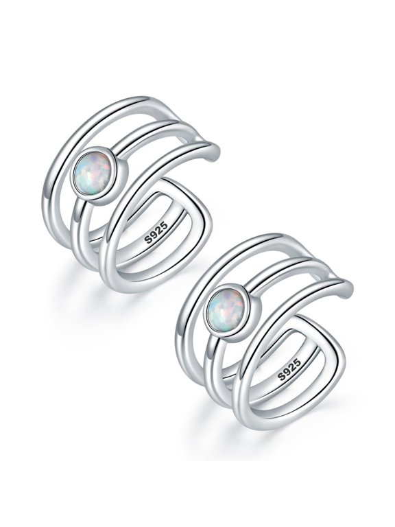 Opal Ear Cuffs 925 Sterling Silver Synthetic Opal Ear Cuffs Set Geometric Wide Ear Cuffs for Women Non-Piercing Fake Conch Cartilage Cuff Earrings