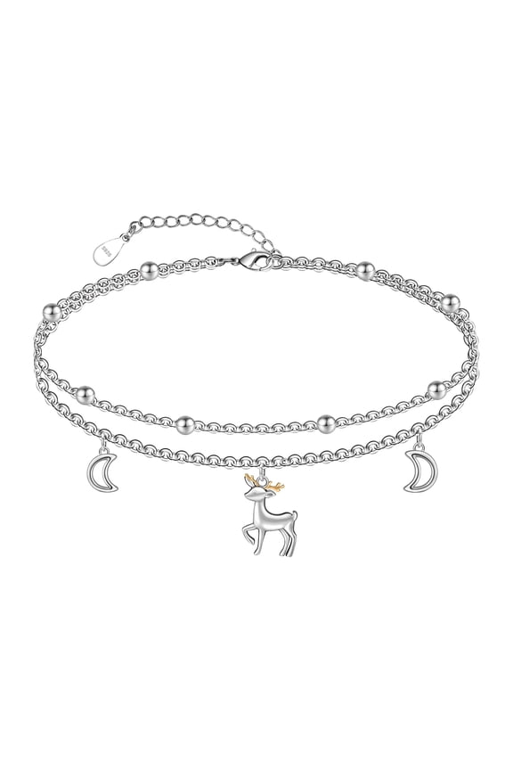 Sterling Silver Ankle Bracelet - Hypoallergenic Cute Deer Anklets for Women - White Gold Layered Adjustable Animal Link Anklet Jewelry