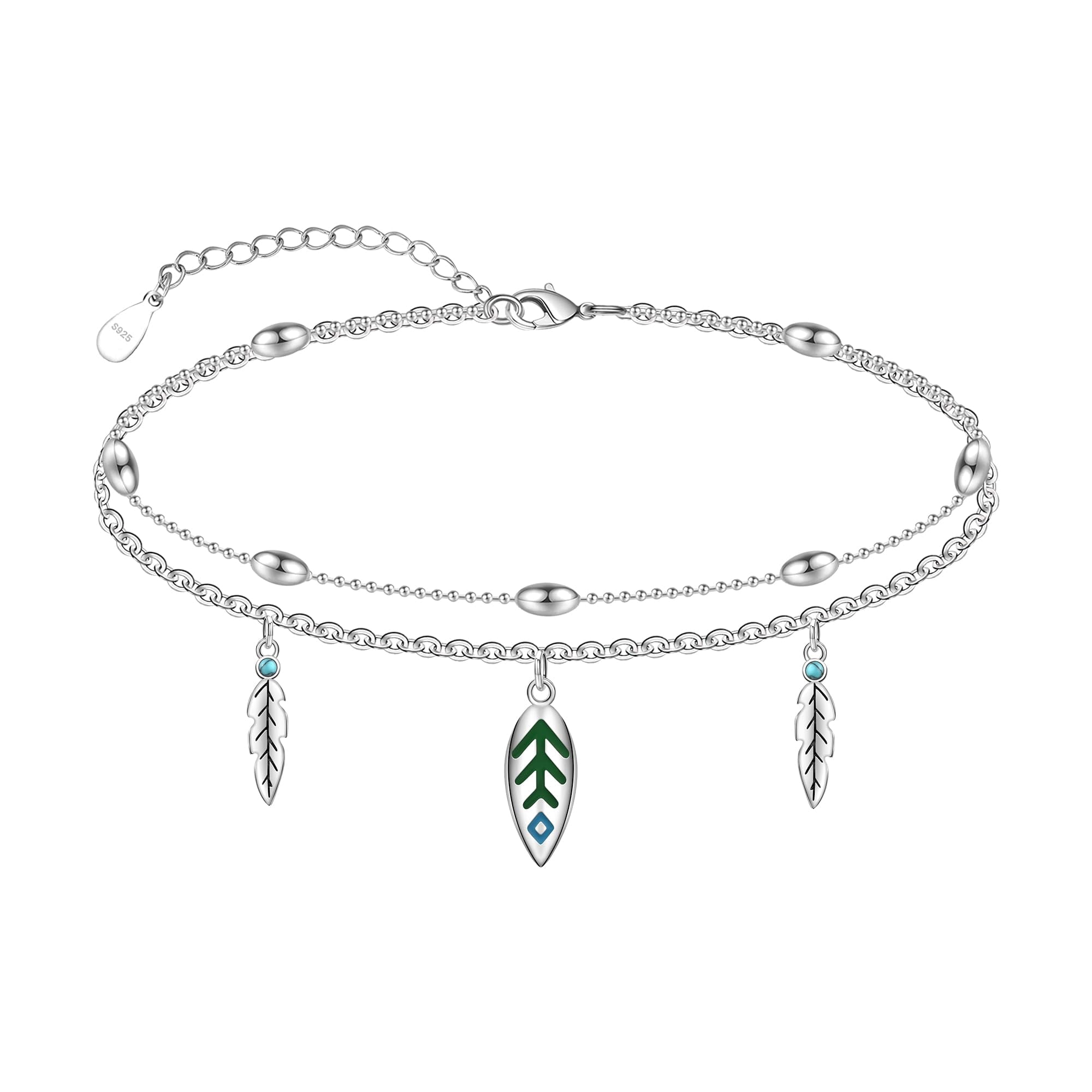 CHIC & ARTSY Sterling Silver Anklet Bracelet - Summer Beach Ankle Bracelets Created with Turquoise Feather - Hypoallergenic Layered Feather Foot Chain Jewelry