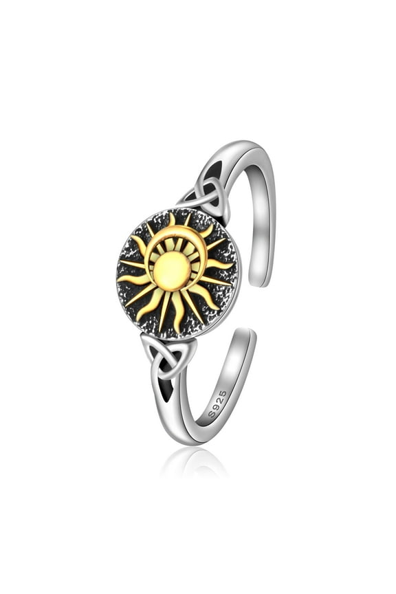 Sun Moon Sterling Silver Open Ring - Universe Thumb Ring, Crescent Moon, Adjustable for Women