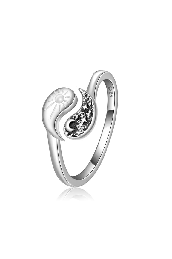 Sun Moon Sterling Silver Tai Chi Yin Yang Open Ring - Adjustable for Women